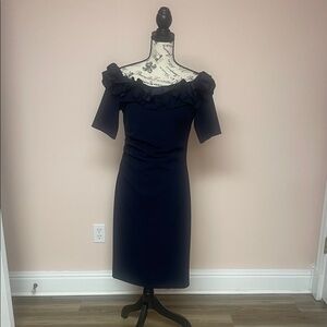 Xscape Midnight Blue Off-Shoulder Midi Dress